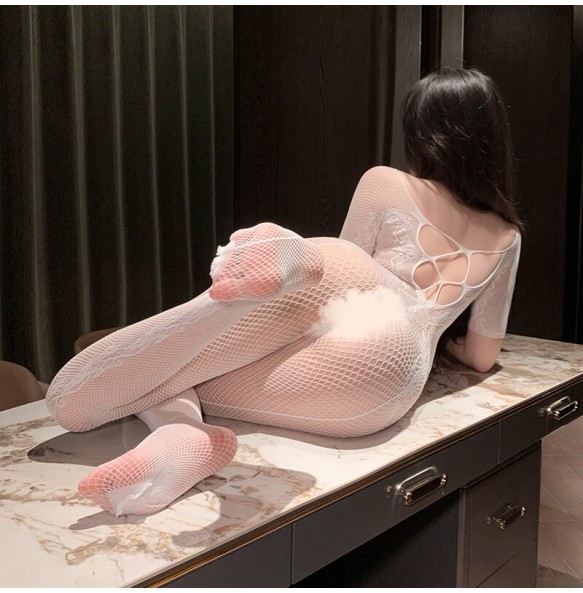 FEE ET MOI - Seductive Jacquard Hollow Open-crotch Bodystocking (White)